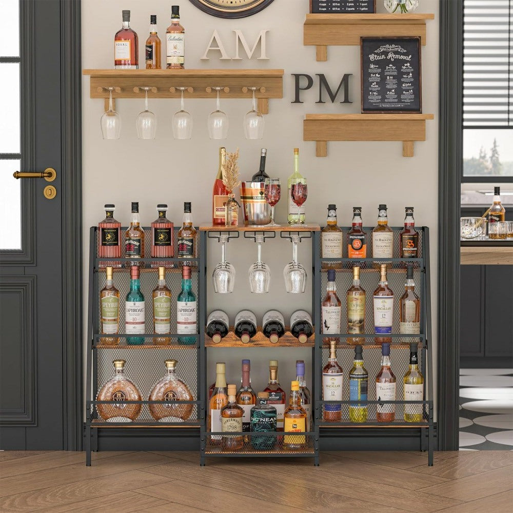 6-Tier Freestanding Wine & Liquor Rack - Stepped Liquor Bottle Display Shelf with Glass Holder