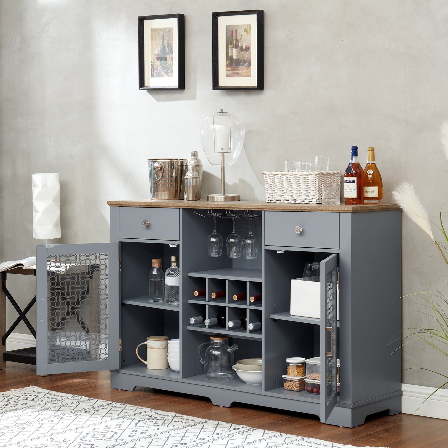 Modern Farmhouse Buffet Cabinet with Glass Door Cabinets, Wine & Glass Rack, and Coffee Bar – Light Blue & Oak Finish