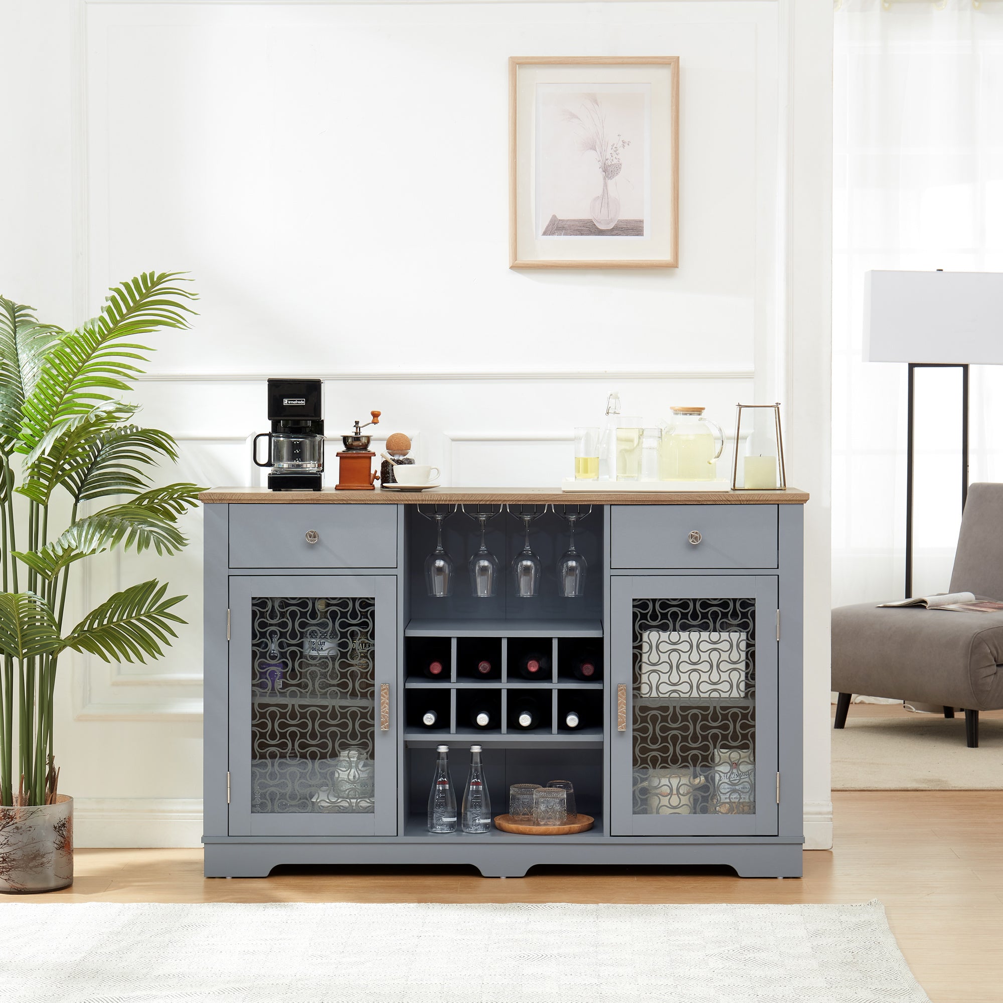 Modern Farmhouse Buffet Cabinet with Glass Door Cabinets, Wine & Glass Rack, and Coffee Bar – Light Blue & Oak Finish