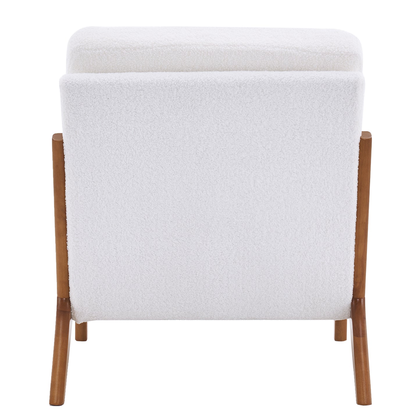 Mid-Century Modern Oak Armrest Upholstered Teddy Velvet Lounge Chair - Off-White