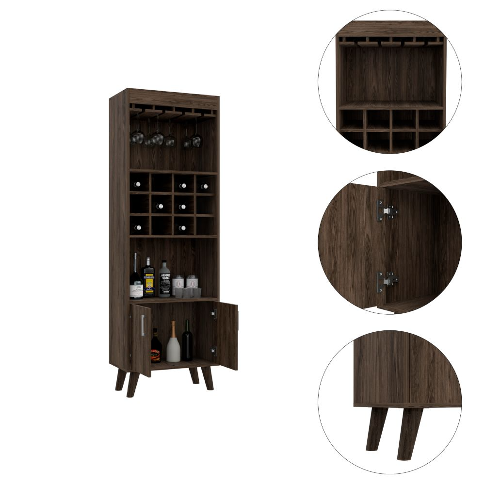 Modern Bar Cabinet with 12-Bottle Wine Rack, Glass Holder, and Double Door Storage – Dark Walnut Finish”