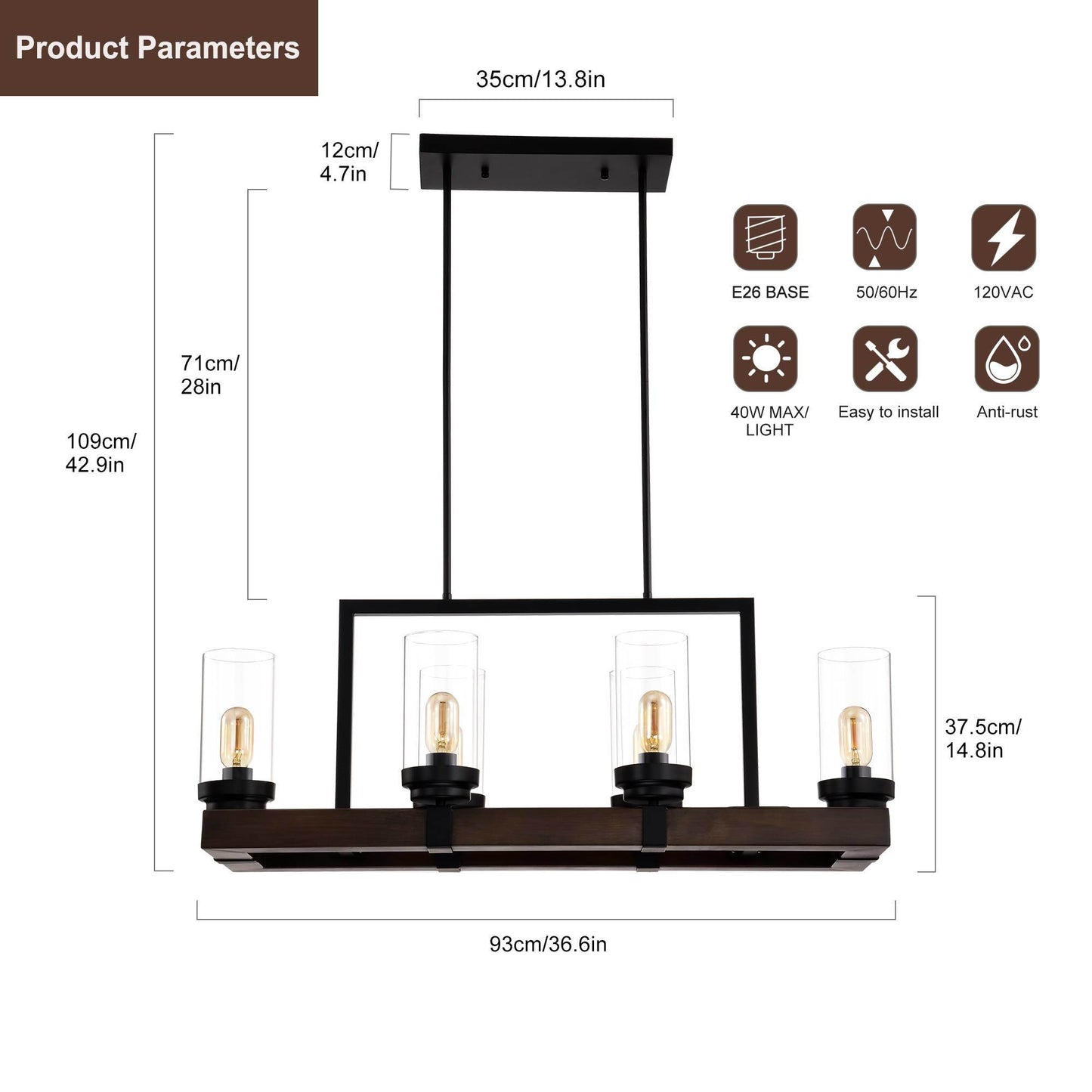 6-Light Matte Black & Wood Grain Chandelier - Adjustable Height Pendant