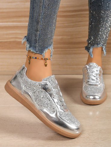 Glam Sequin PU Leather Sneakers – Lightweight Lace-Up Shoes