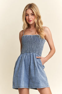 Smocked Spaghetti Strap Denim Romper – 100% Cotton, Casual & Chic