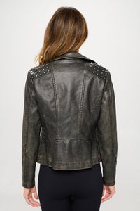 Studded Classic Moto Faux Leather Jacket with Asymmetrical Zipper