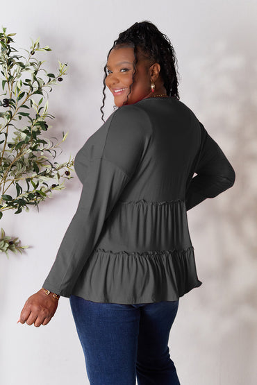 Buttoned V-Neck Ruffle Hem Long Sleeve Top