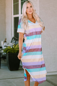 Striped Short Sleeve Slit Hem Maxi Dress