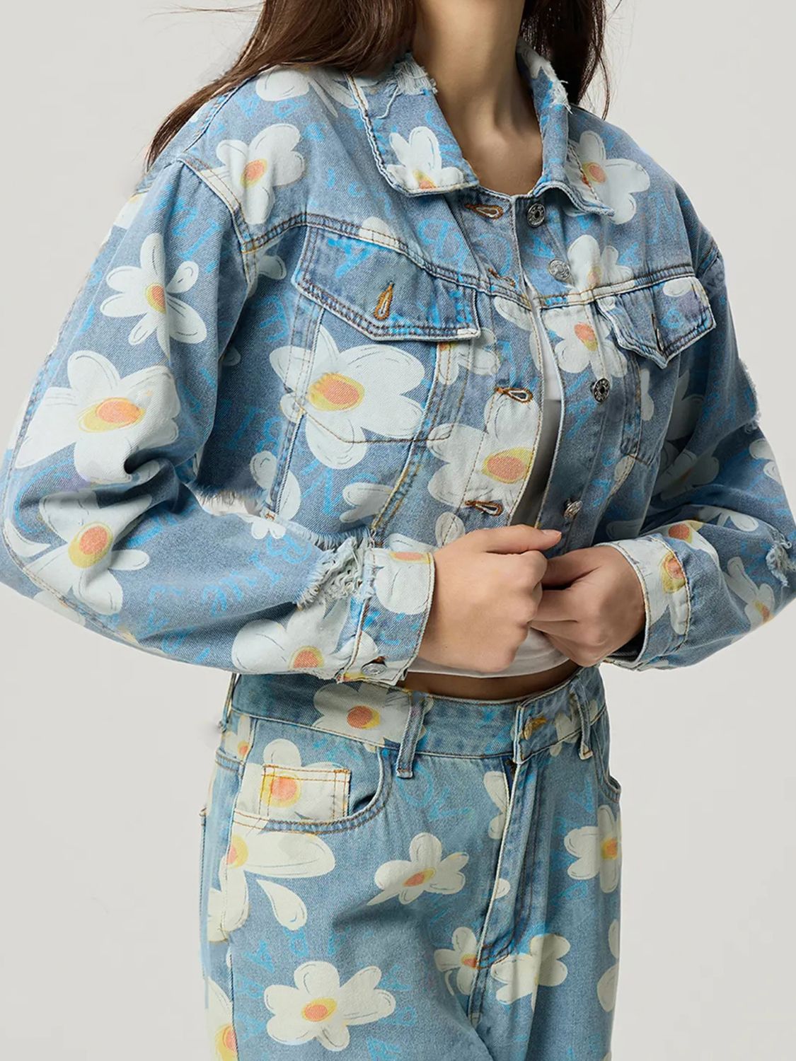 Floral Cropped Distressed Denim Jacket – Buttoned, Raw Hem, Matching Pants Available