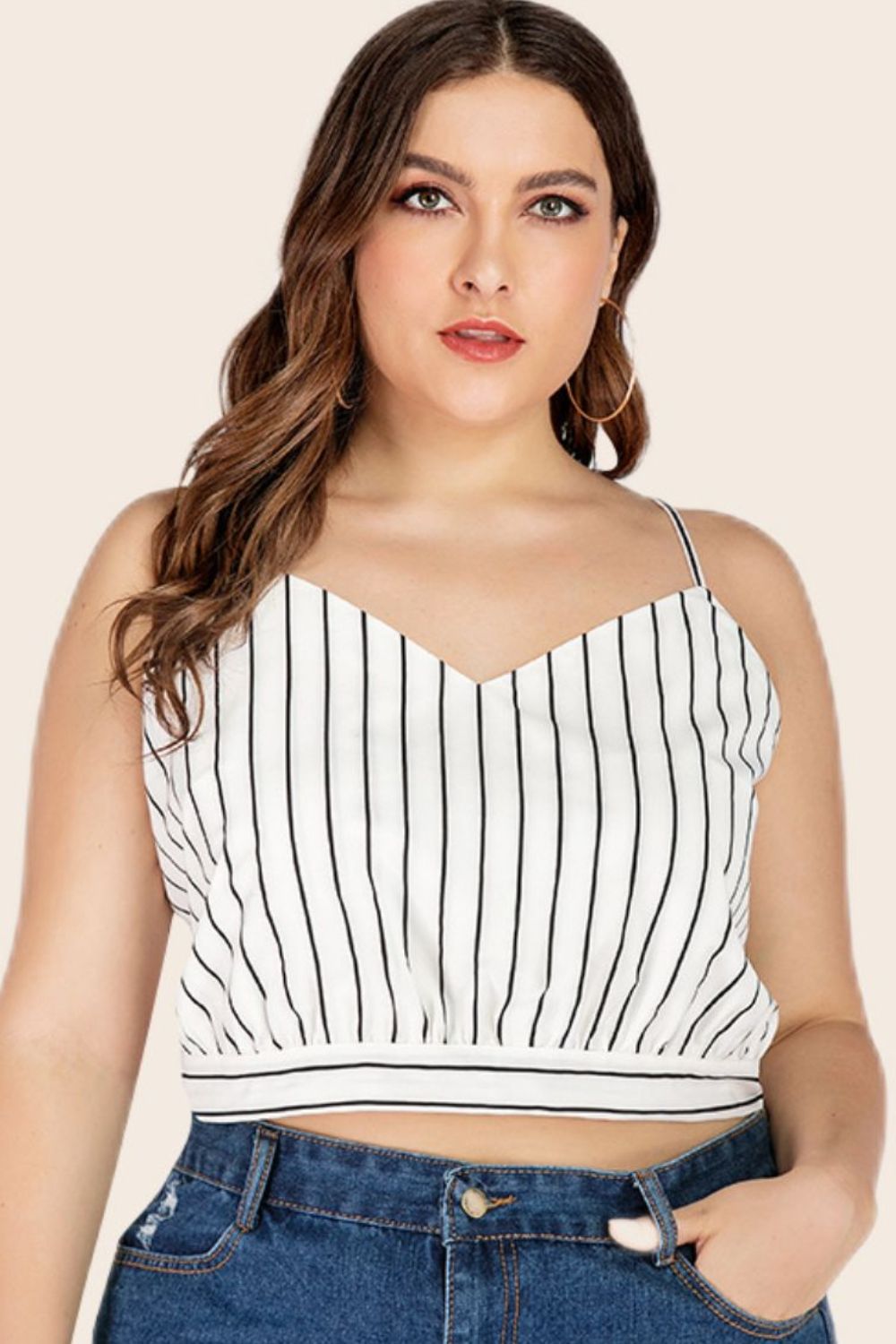 Striped Cropped Top with Tie Back – Sleeveless V-Neck - Plus