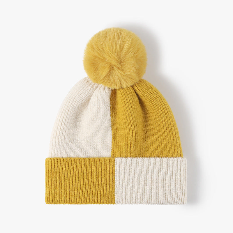 Color Block Pom-Pom Beanie – Faux Rabbit Fur Lined Winter Hat