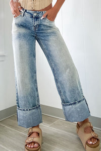 Cuffed Wide-Leg Washed Jeans – No Stretch, Classic Denim Look