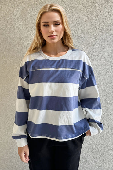 Striped Long Sleeve Top with Exposed Seam – Dusty Blue