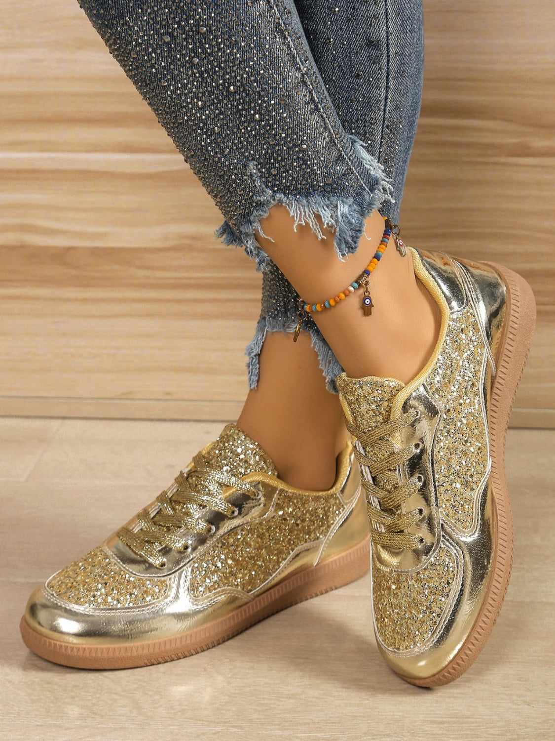 Glam Sequin PU Leather Sneakers – Lightweight Lace-Up Shoes