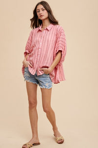 Striped High-Low Button-Up Half Sleeve Shirt