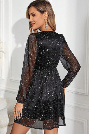 Glitter Mesh Overlay V Neck Dress