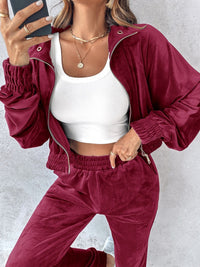 Velvet Two-Piece Jogger Set with Zip-Up Hoodie – Available in Navy, Deep Teal, Black, and Burgundy