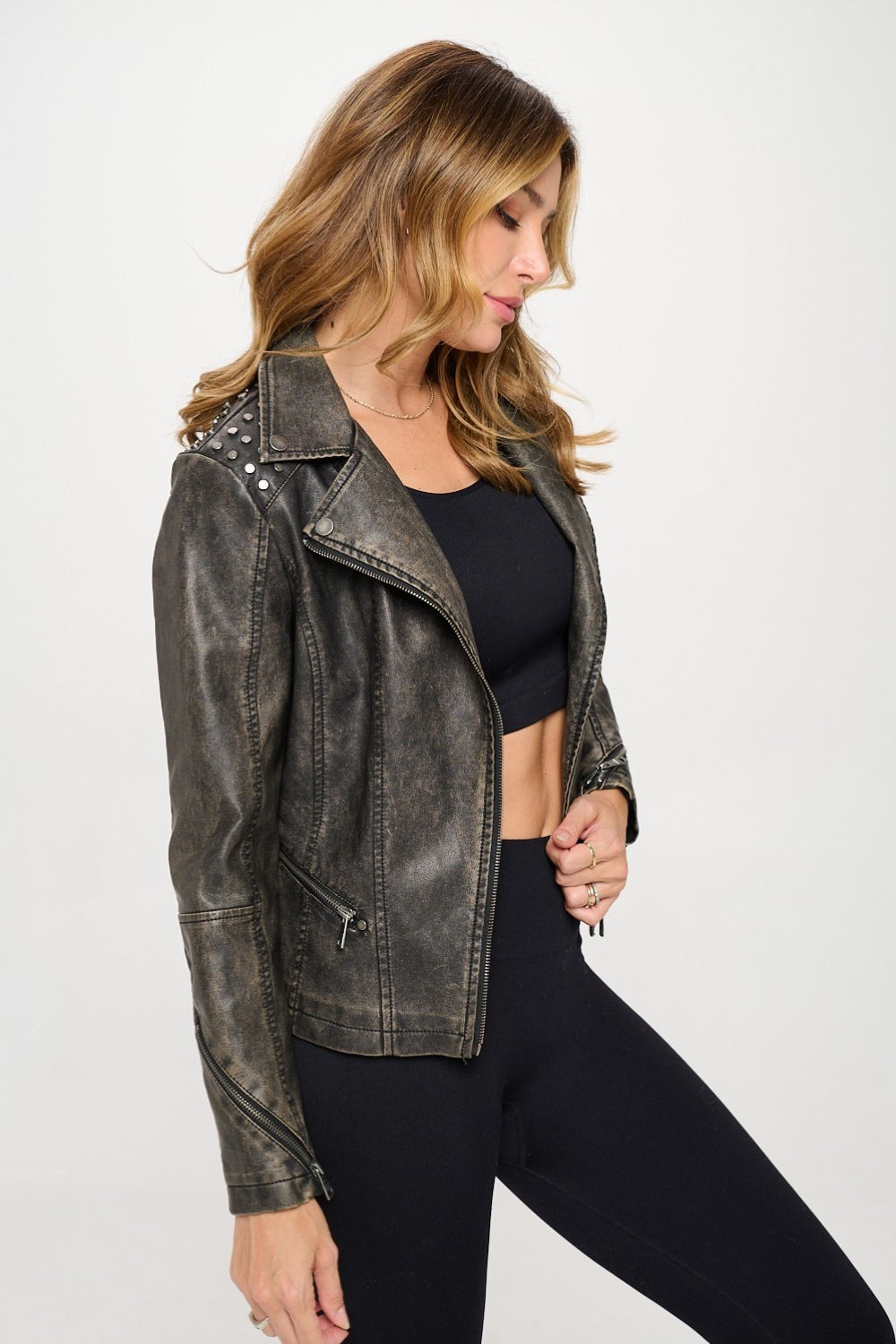 Studded Classic Moto Faux Leather Jacket with Asymmetrical Zipper