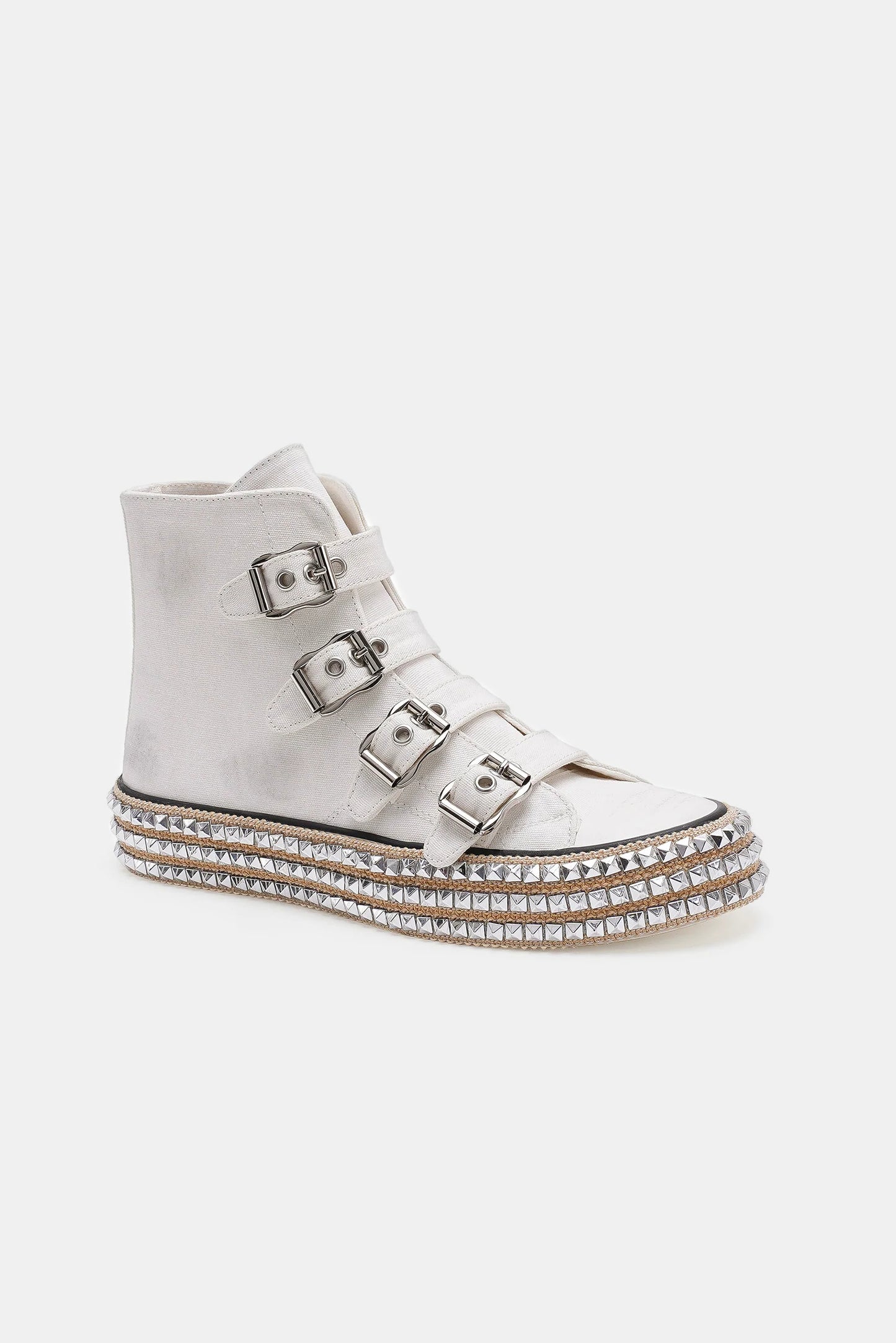 Multi-Buckle Straps Studded Platform Sneakers – Edgy High-Top Canvas Shoes