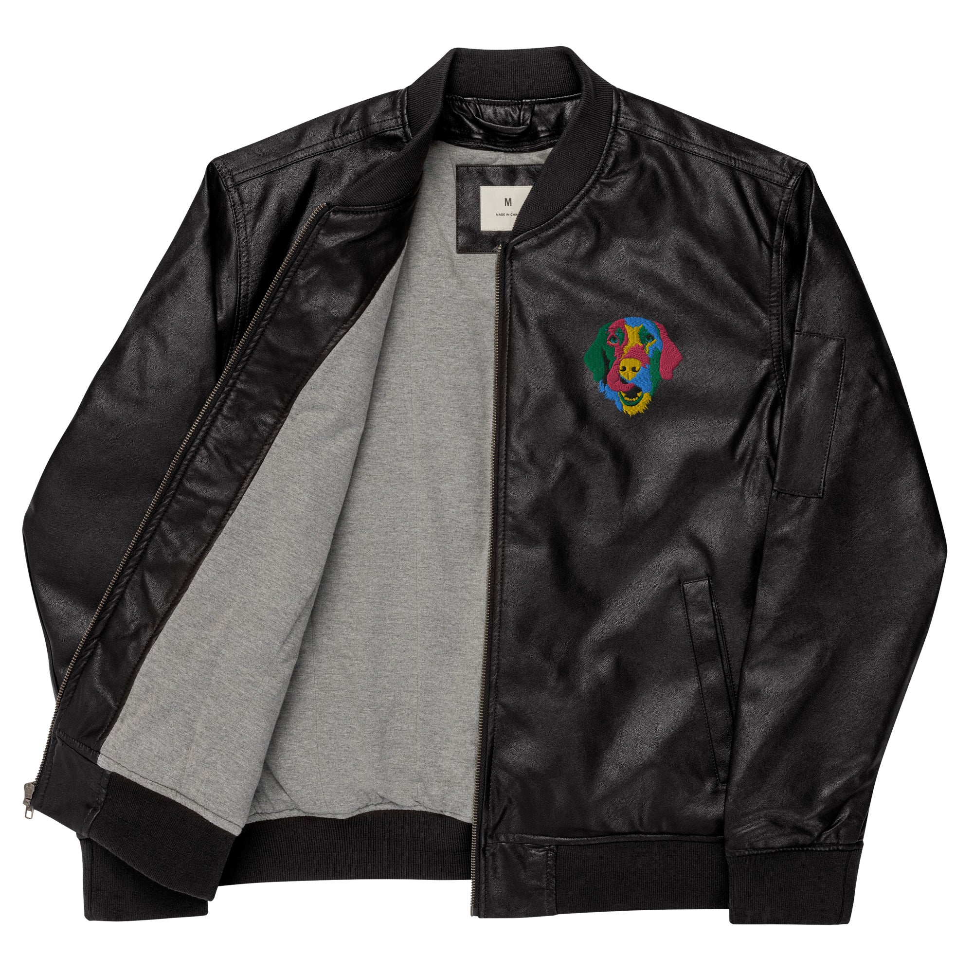 Embroidered Color Silly Lab Leather Bomber Jacket