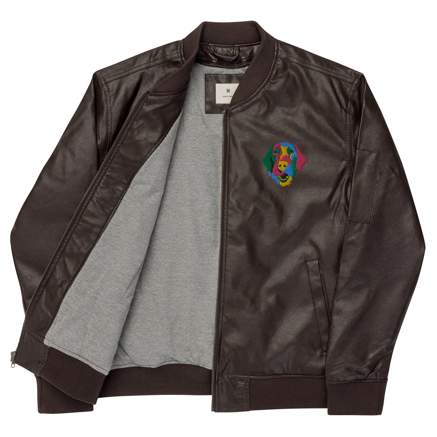 Embroidered Color Silly Lab Leather Bomber Jacket