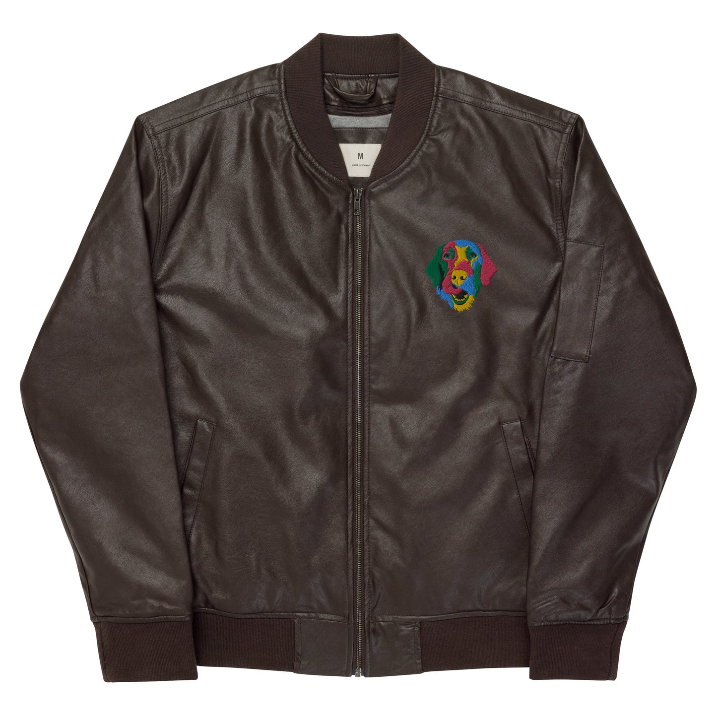 Embroidered Color Silly Lab Leather Bomber Jacket