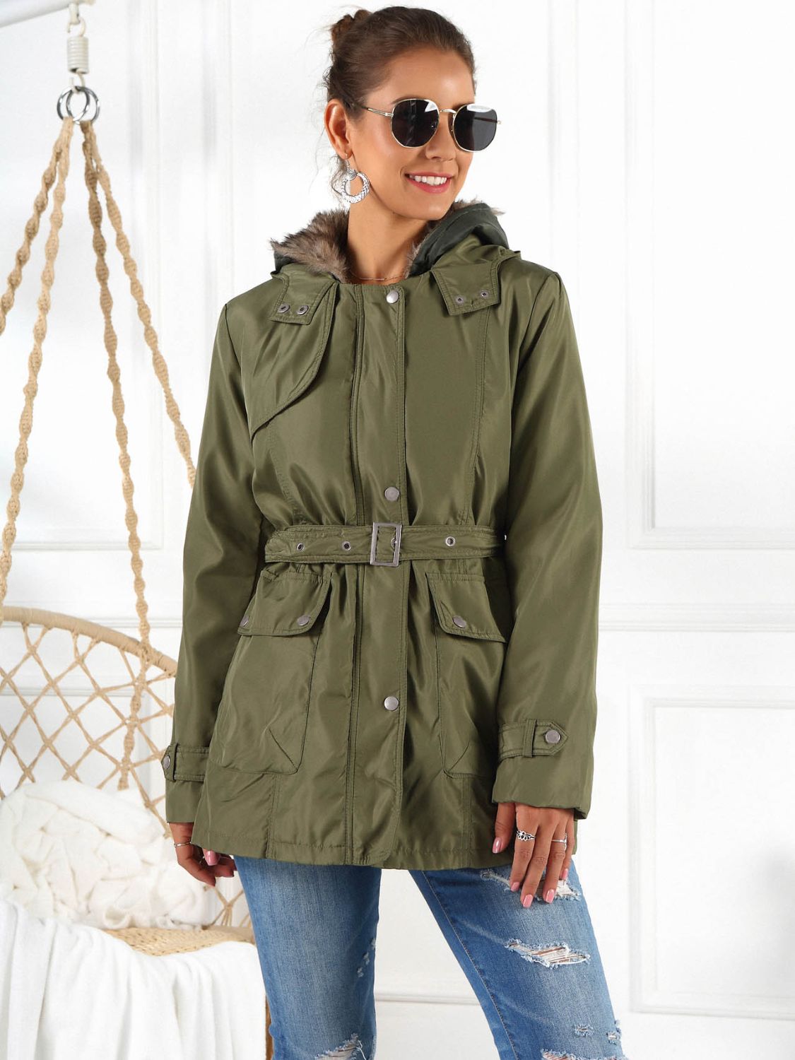 Hooded Buttoned Jacket with Pockets – Army Green, Black, and White