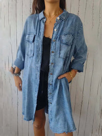 Women’s Long Denim Shacket with Raw Hem – Buttoned & Pocketed Oversized Fit