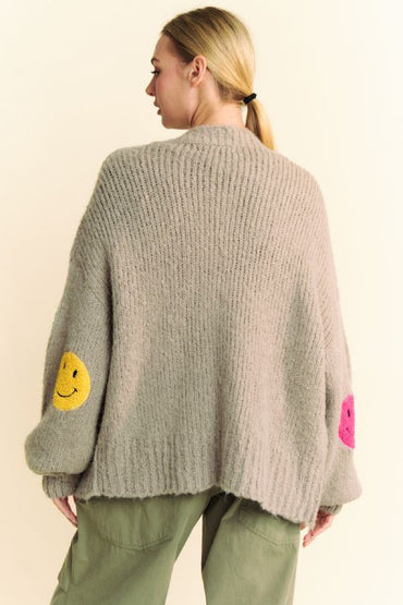 Fuzzy Smile Open Front Cardigan – Cozy & Playful in Gray Oats