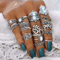 16-Piece Vintage Silver-Tone Stacking Ring Set with Opal & Synthetic Crystals