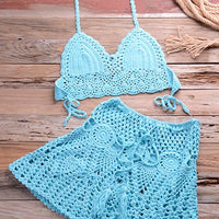 Crochet Halter Top and Skirt Set - Women's Boho Beachwear