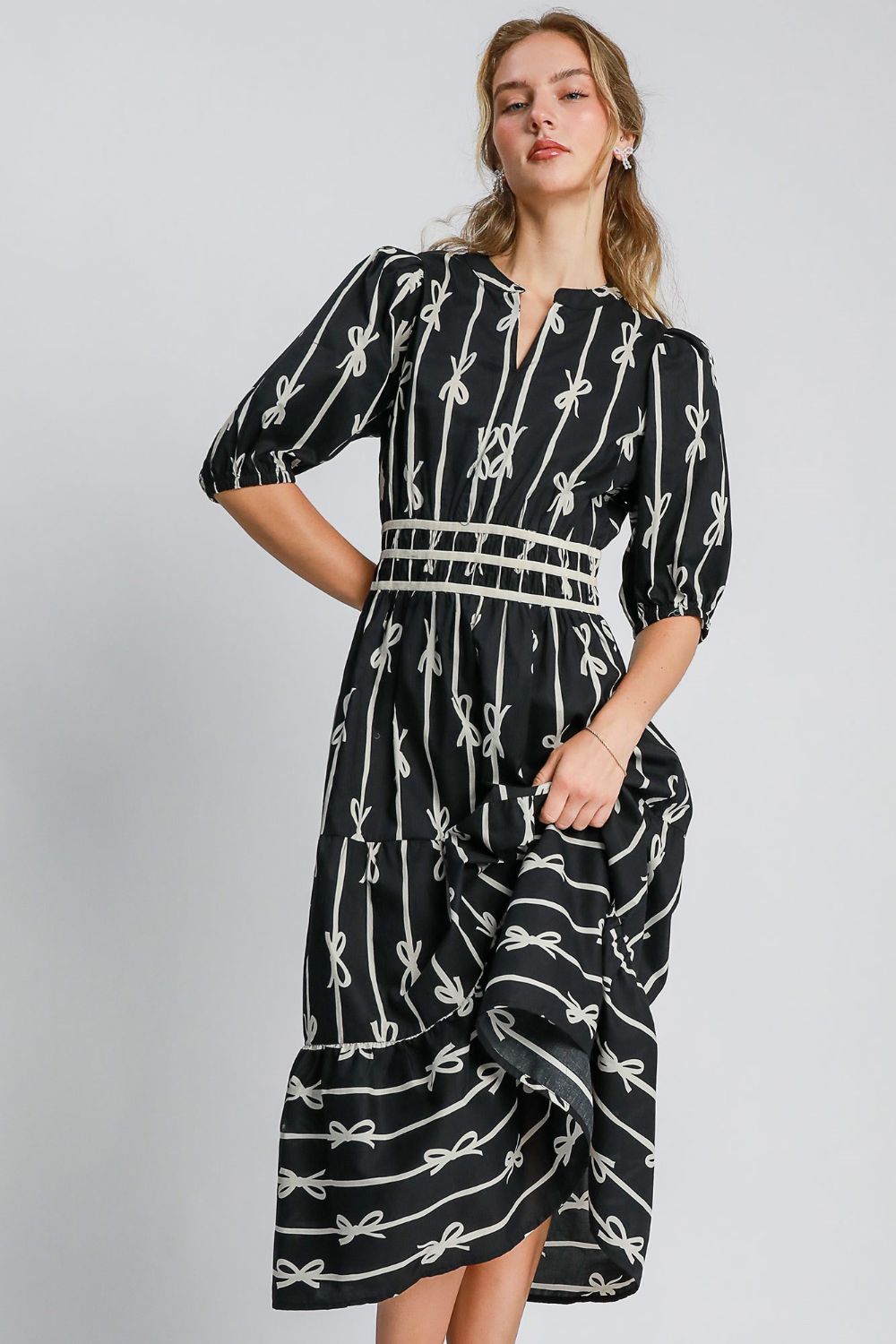 Women's Bow Tie Print Notched Neck Midi Dress with Velvet Trim