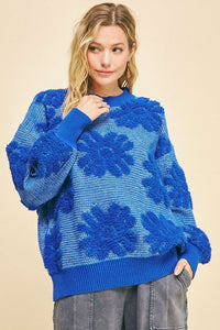 Flower Texture Round Neck Dropped Shoulder Sweater – Bold and Trendy Style