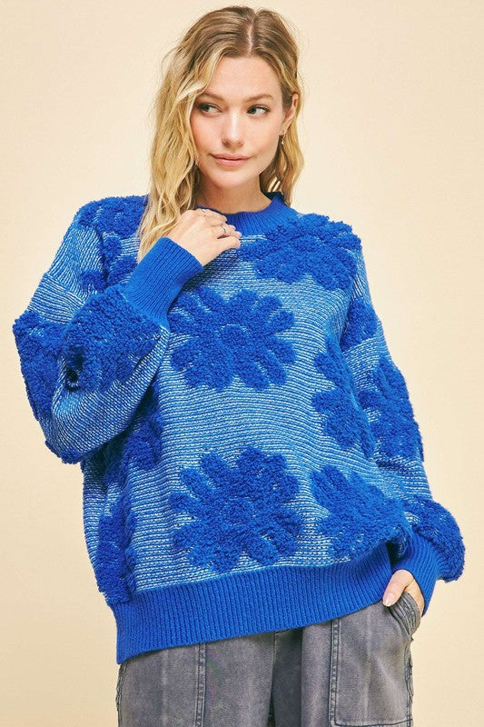 Flower Texture Round Neck Dropped Shoulder Sweater – Bold and Trendy Style