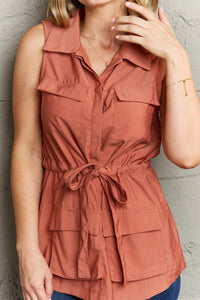 Sleeveless Collared Button-Down Shirt with Drawstring Waist