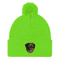 Embroidered Color Rottie Pom-Pom Beanie