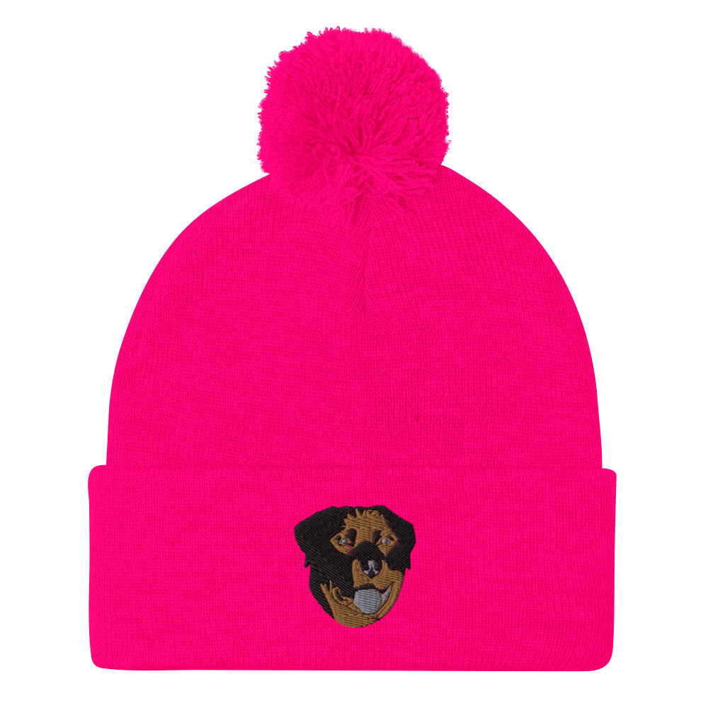 Embroidered Color Rottie Pom-Pom Beanie