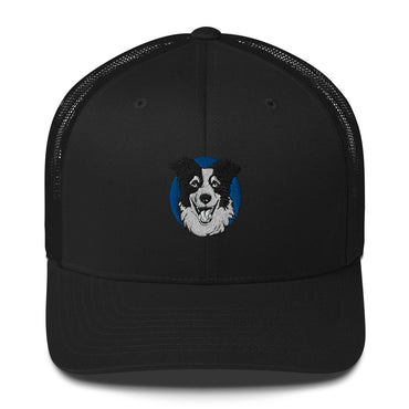 Embroidered Collie Craze Happy Blue Trucker Cap