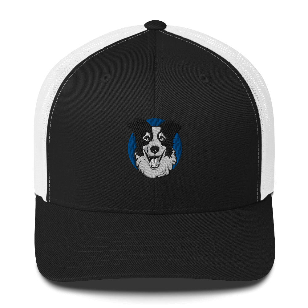 Embroidered Collie Craze Happy Blue Trucker Cap