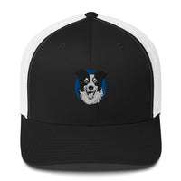 Embroidered Collie Craze Happy Blue Trucker Cap