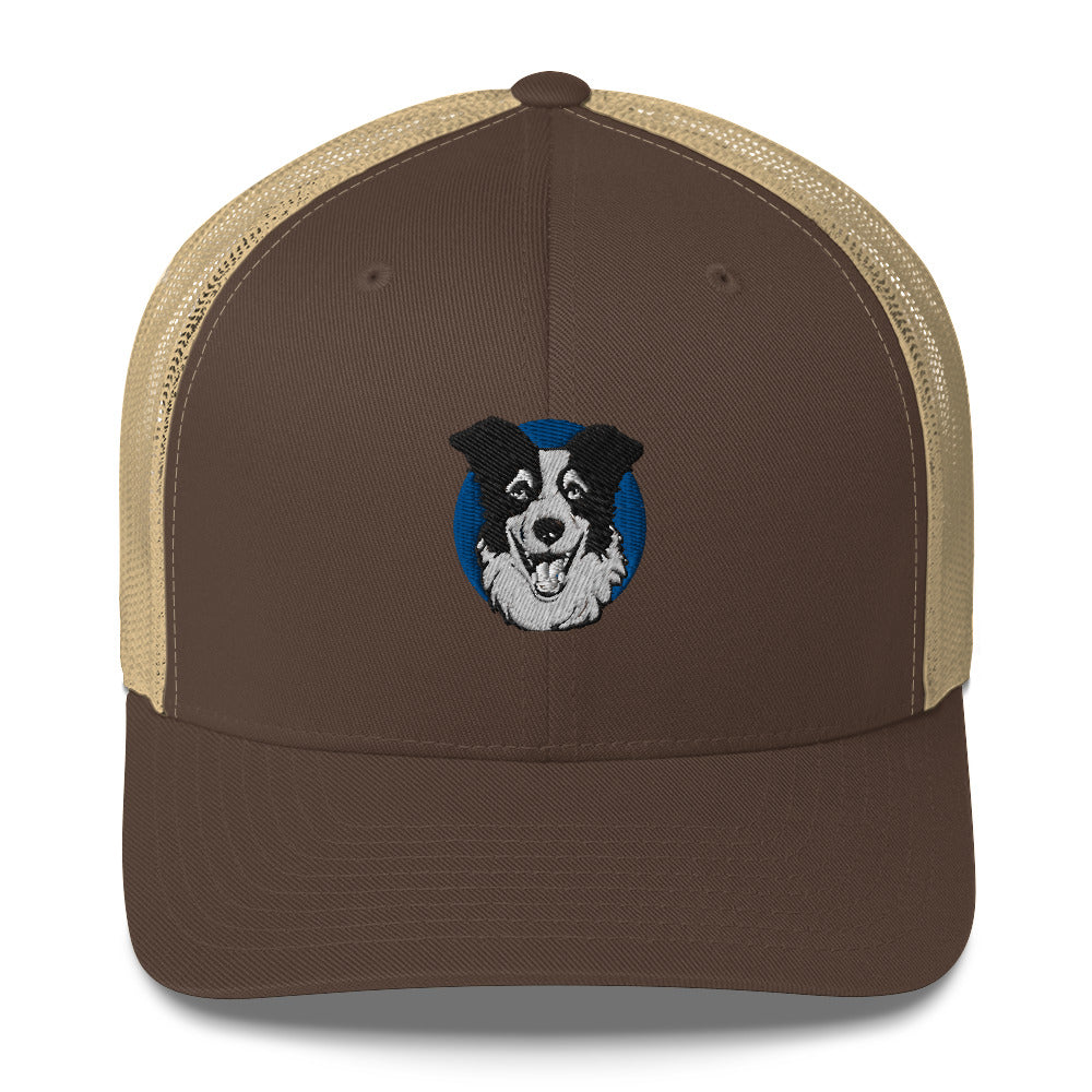 Embroidered Collie Craze Happy Blue Trucker Cap