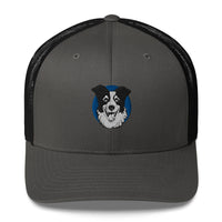 Embroidered Collie Craze Happy Blue Trucker Cap