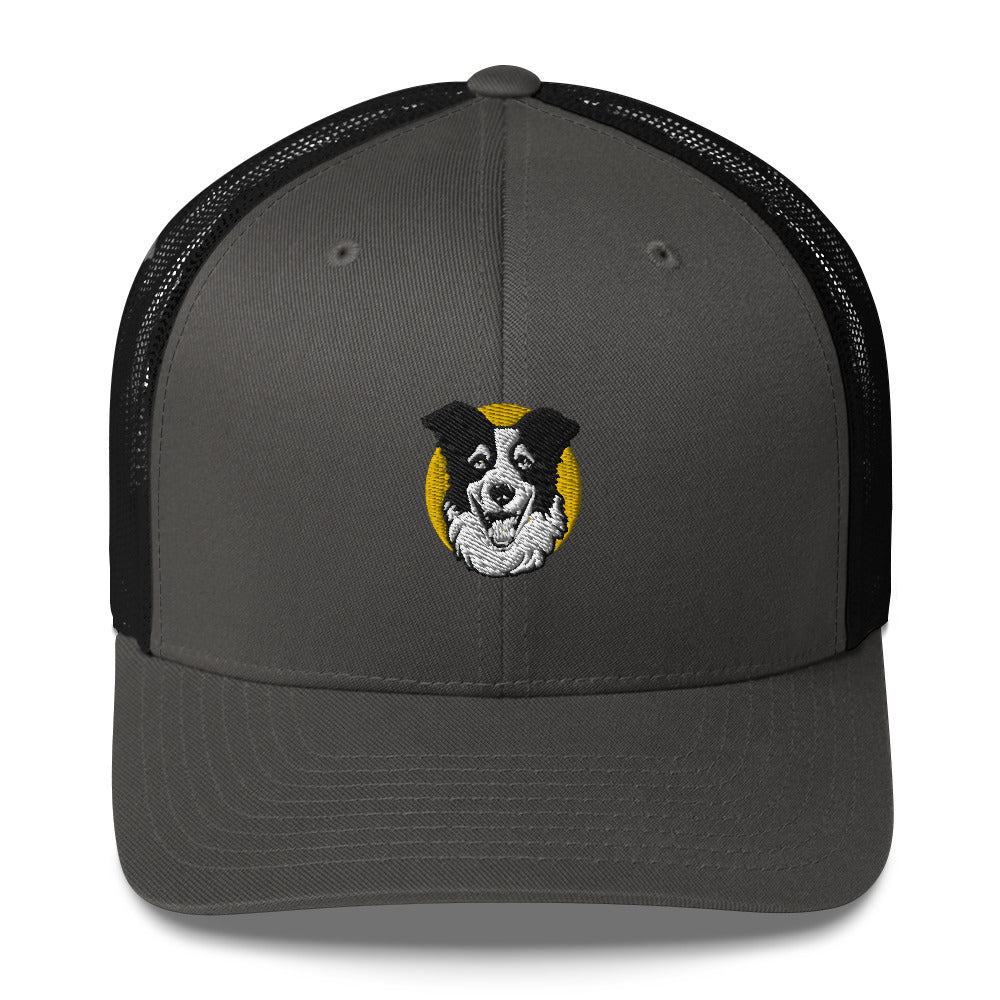 Embroidered Collie Craze Happy Yellow Trucker Cap