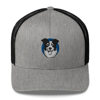 Embroidered Collie Craze Happy Blue Trucker Cap