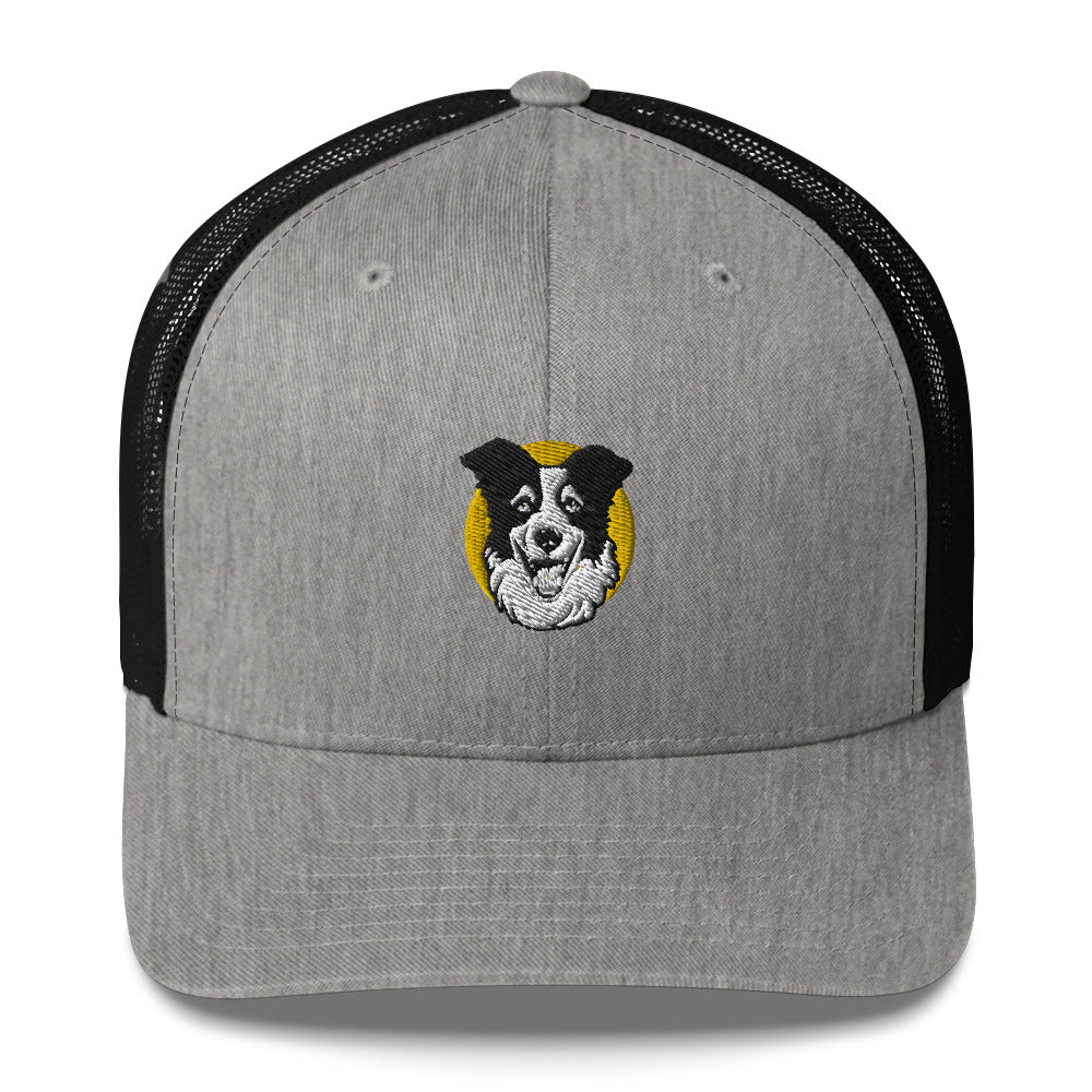 Embroidered Collie Craze Happy Yellow Trucker Cap