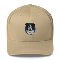 Embroidered Collie Craze Happy Blue Trucker Cap