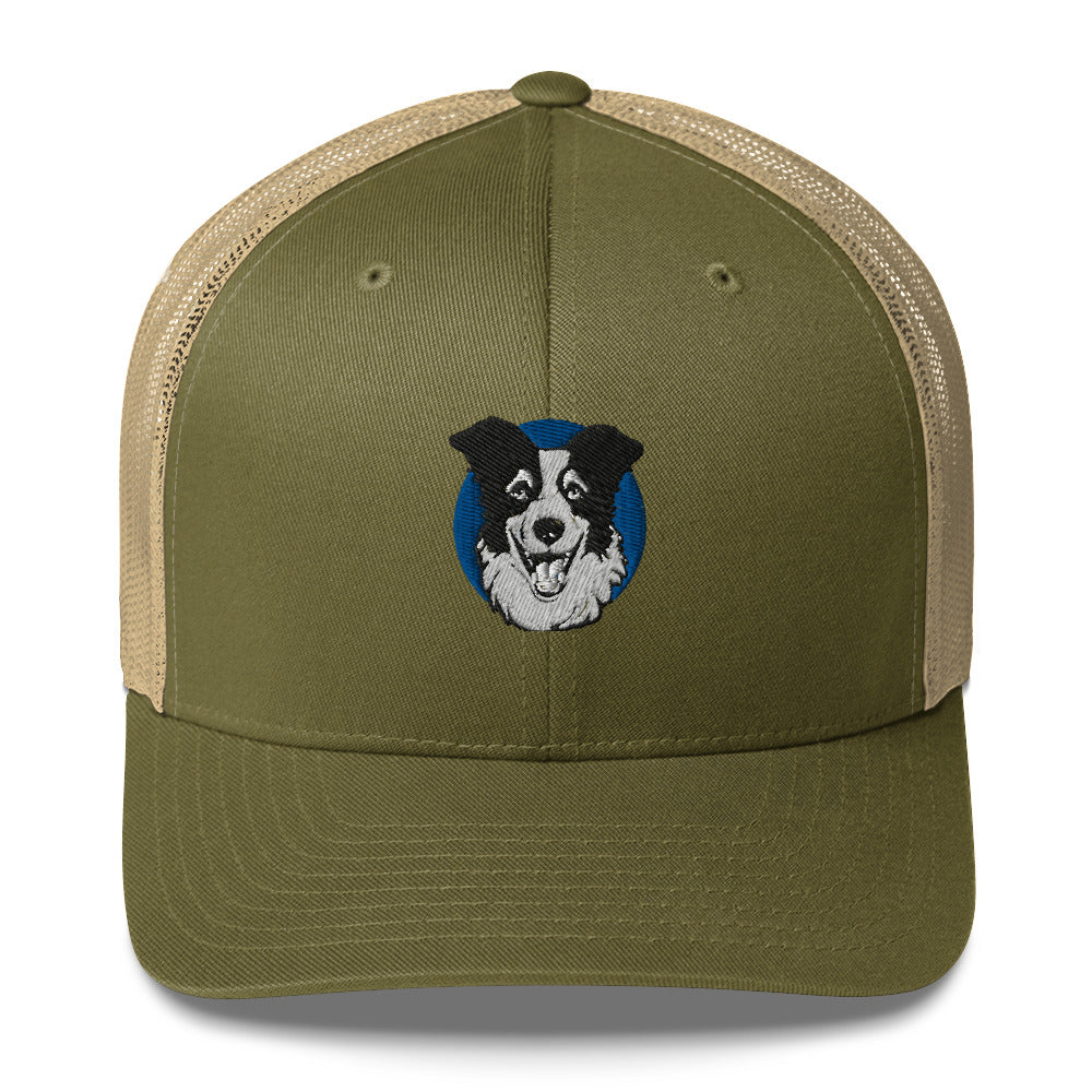 Embroidered Collie Craze Happy Blue Trucker Cap