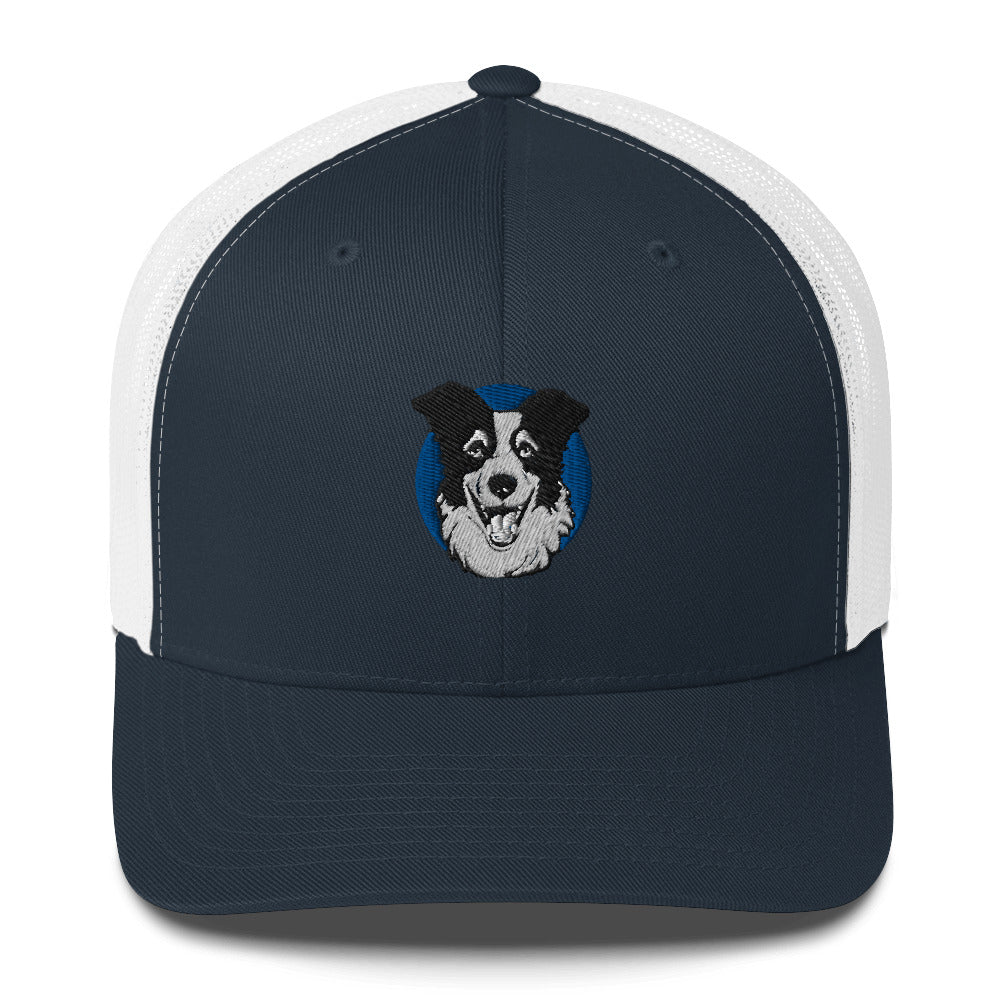 Embroidered Collie Craze Happy Blue Trucker Cap