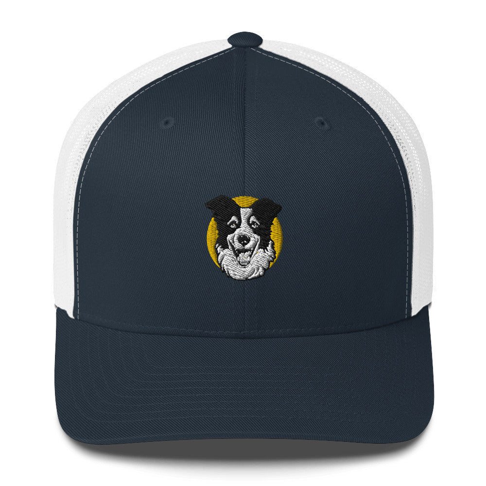 Embroidered Collie Craze Happy Yellow Trucker Cap