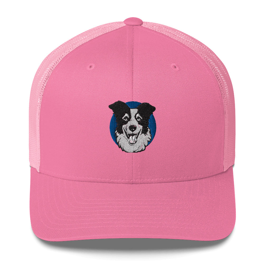 Embroidered Collie Craze Happy Blue Trucker Cap