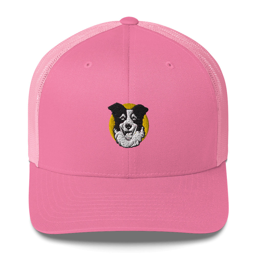 Embroidered Collie Craze Happy Yellow Trucker Cap